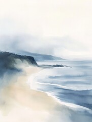 Obraz premium Soft watercolor coastal landscape with misty cliffs, sandy beach and calm sea