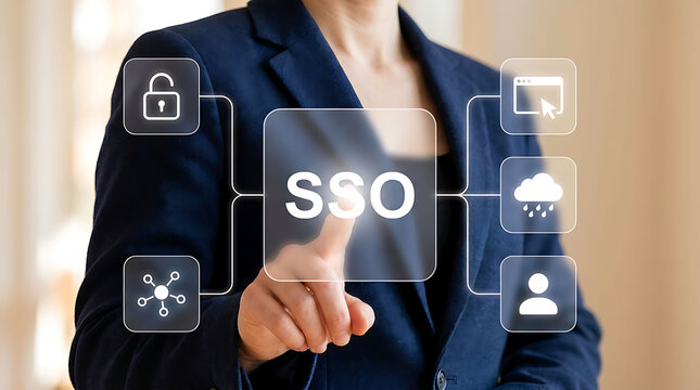 Businesswoman pressing virtual SSO Single Sign-On button with security icons