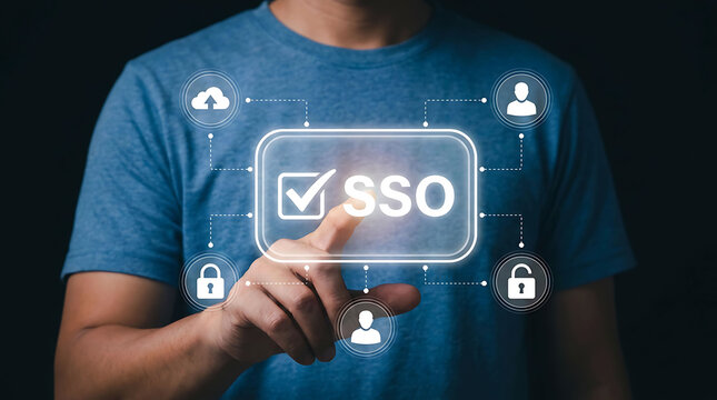 Man pointing at virtual SSO icon with check mark and login security symbols