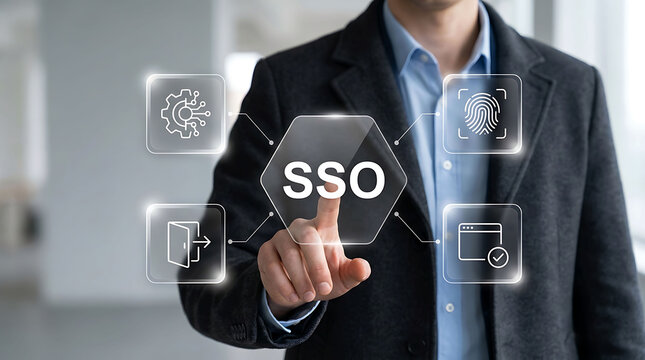 Businessman touching virtual SSO Single Sign-On interface with biometric fingerprint icon