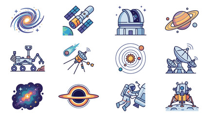 Creative Colorful Space Exploration Set with Astronauts Satellites Planets and Telescopes with high quality professional line art symbols for modern creative design and digital branding projects © Tanto