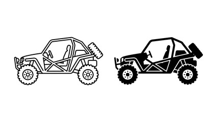 Off-road buggy icon: A black and white icon depicting an off-road buggy, showcasing its rugged design and readiness for adventure. © abidakhatun