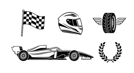 Dynamic collection of motorsport racing elements, including a race car, helmet, tire, checkered flag, and laurel wreath, on an isolated white background. © Bernadya
