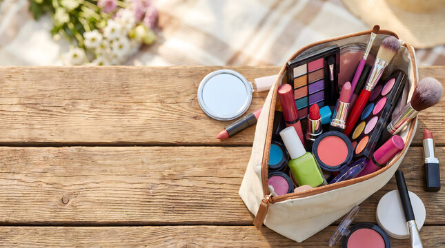 Cosmetic bag with various makeup products placed on a wooden table surface