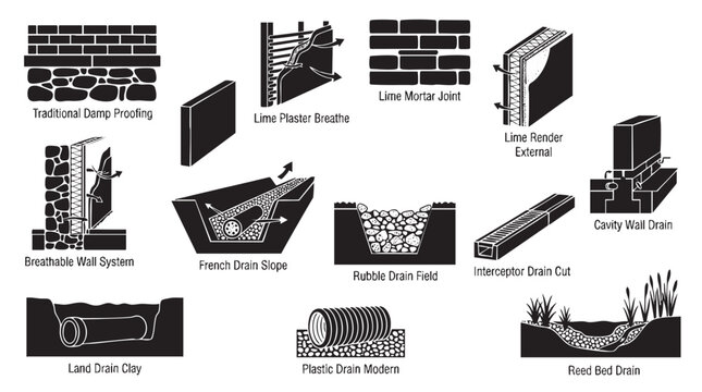 Sustainable building and drainage system diagrams for architecture design.