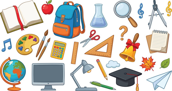  Primary school supplies vector asset set with cartoon backpack textbook calculator and graduation cap icons