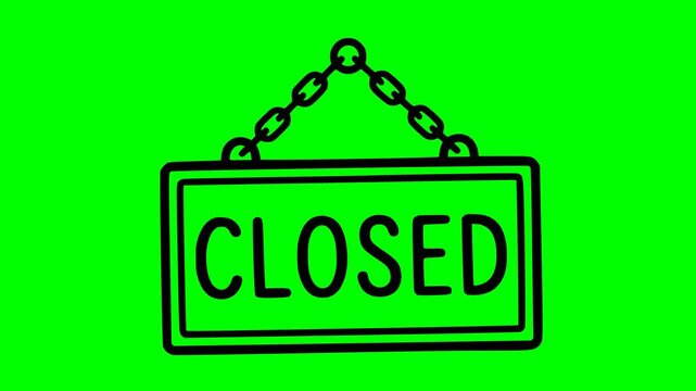 closed sign animation hanging on a chain with a gentle swinging motion, designed with black fill and no white color, isolated on a green screen chroma key background for video editing