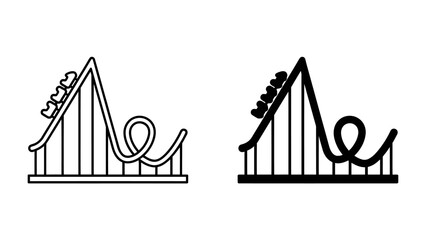 Roller Coaster Icons: A minimalist representation of a roller coaster, showing a steep drop and a loop, available in outline and solid black styles. © abidakhatun