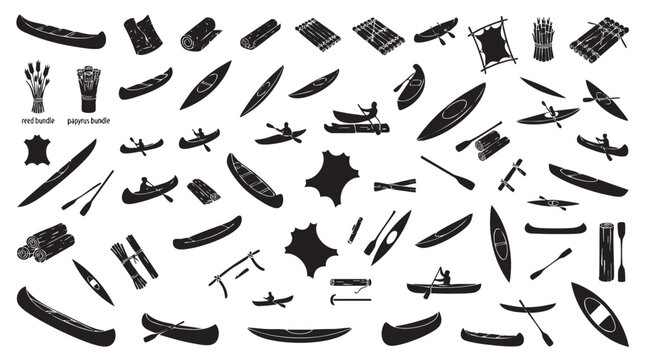 Various historic watercraft and primitive boat types set.