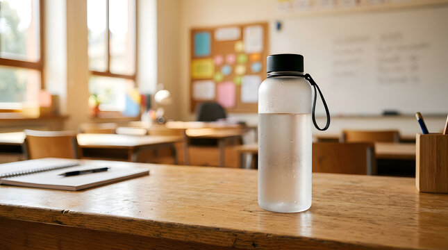 frosted water bottle on wooden school desk in bright blurred classroom