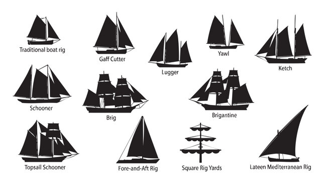 Illustrations of various traditional sailing boats and their rigs, including schooner, brig, and yawl.