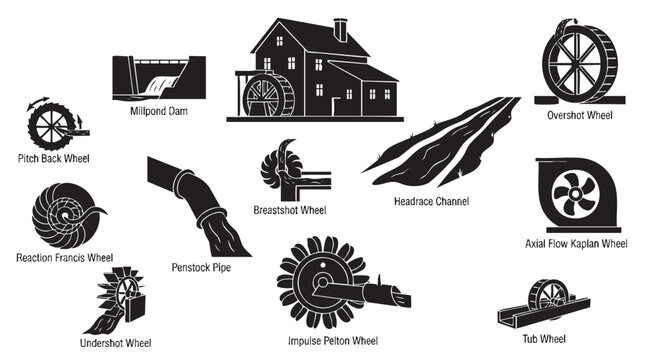 Water mill machinery and hydropower technology equipment icons.