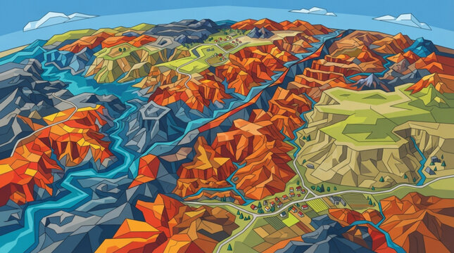 Stylized low poly landscape map featuring vibrant colorful mountain ranges winding rivers and small rural settlements under a clear blue horizon sky