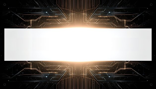 A bright light shines behind a large white rectangle on a futuristic black circuit board background with gold lines