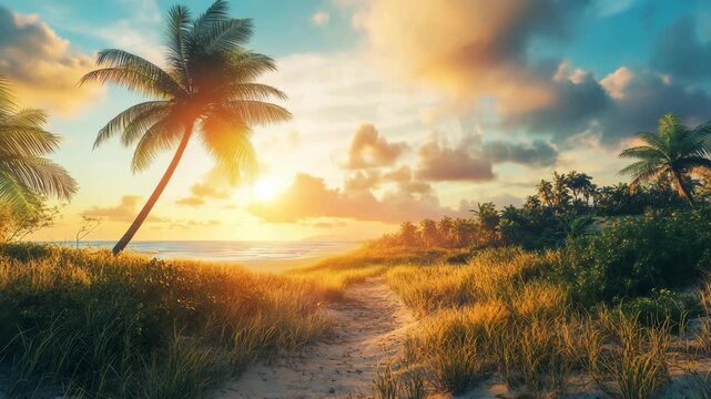 Golden sunset over tropical beach with sandy path and palm trees. Serene ocean view and warm sunlight illuminating a paradise island with dramatic sky and clouds