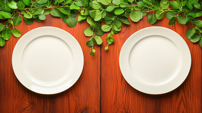 Minimal dining setup with two white plates on wooden table, green leaves decoration, natural light, calm and inviting atmosphere, perfect for birthday or special occasion celebration