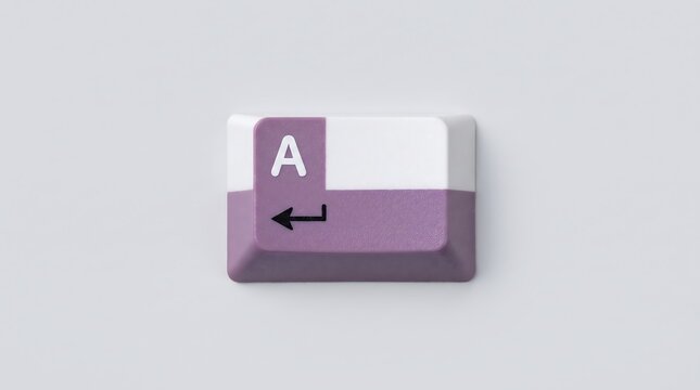 Mechanical keyboard keycap with letter A and arrow symbol, purple and white custom keycap, minimalist computer hardware accessory on grey background