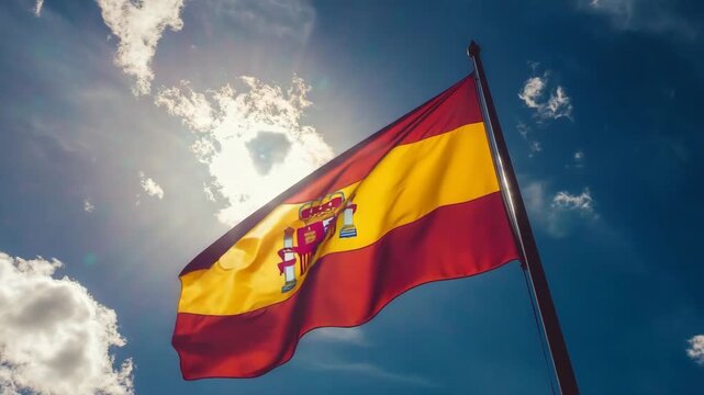 Spanish flag waving in the wind against a sunlit blue sky, representing national pride, european identity, patriotism, freedom, democracy, and a sunny day in spain