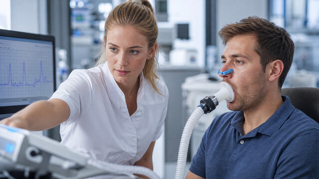 Female pulmonary technician guiding a male patient through a spirometer lung test in a modern pulmonary lab &ndash; respiratory therapy, lung function testing, healthcare, medical diagnostics, commercial
