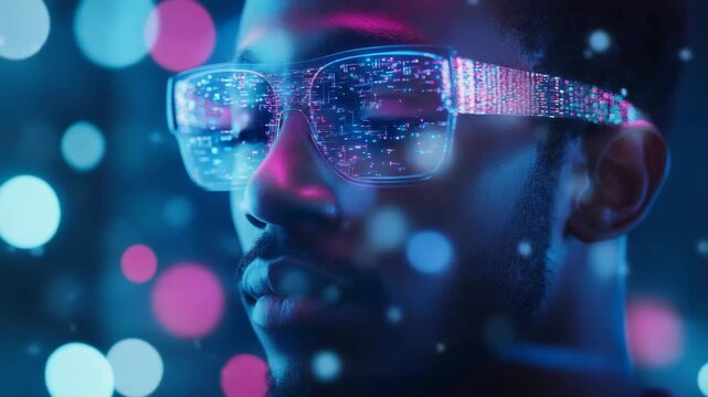 Visionary black man wearing futuristic augmented reality glasses displaying digital data and analytics, experiencing the immersive world of the metaverse with neon lights