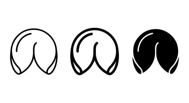 Fortune Cookie Icons, Set of 3, Black and White Vector Graphics for Asian Cuisine and Predictions