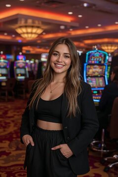 Young Woman Smiles at a Casino During Evening Hours With Slot Machines in the Background