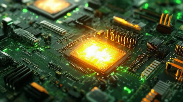 Powerful cpu processing data on a green circuit board with glowing electronic components and microchips, illustrating futuristic technology and artificial intelligence concepts