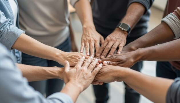Hands of different skin tones unite in circle