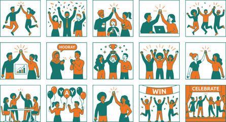 Fototapeta premium Team success celebration icons with happy people high fiving