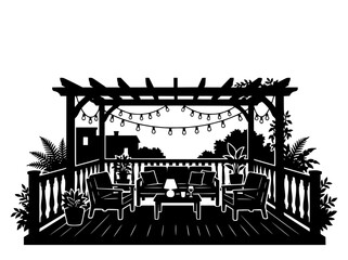 Obraz premium Outdoor Patio Pergola Silhouette with Furniture and String Lights