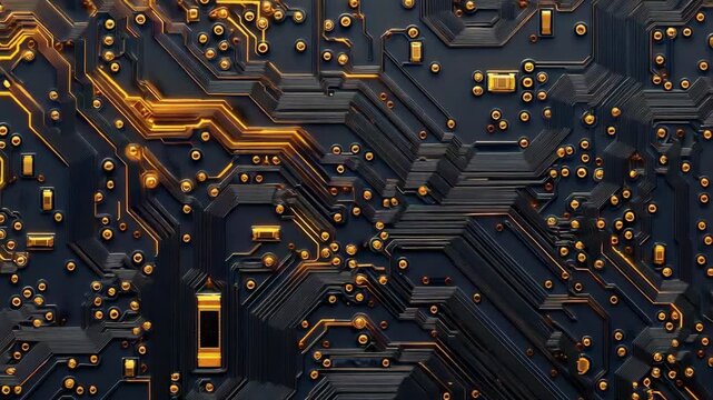 Intricate golden pathways on a dark motherboard glowing with energy, illustrating the flow of digital data and processing power within a modern computer's hardware