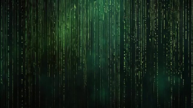Abstract digital rain of green falling computer code on a black background, representing virtual reality, cyberspace, big data, and futuristic technology concepts