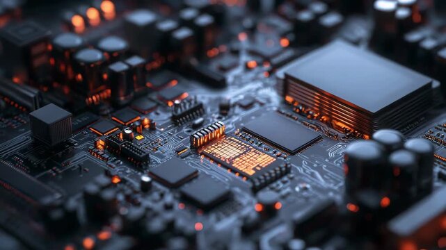 Futuristic motherboard with pulsating orange light showing data processing, representing advanced ai, quantum computing, and complex information technology systems