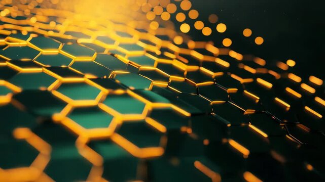 Abstract glowing hexagonal technology surface glowing with golden light, representing futuristic data, nanotechnology, blockchain, and network communication concepts