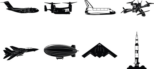 Set of diverse aircraft silhouette icons including military jets, rockets, drones, and historic airships. © MdHasmot