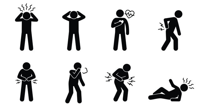 Set of stick figure icons showing different types of pain
