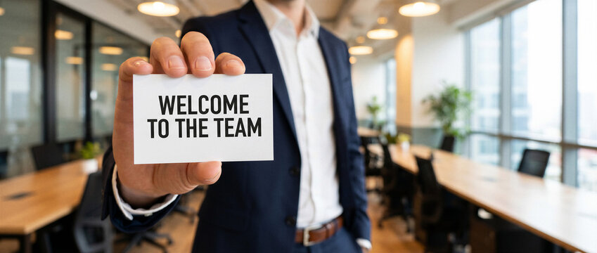 Businessman holding Welcome to the Team card in modern office banner for employee onboarding with copy space.