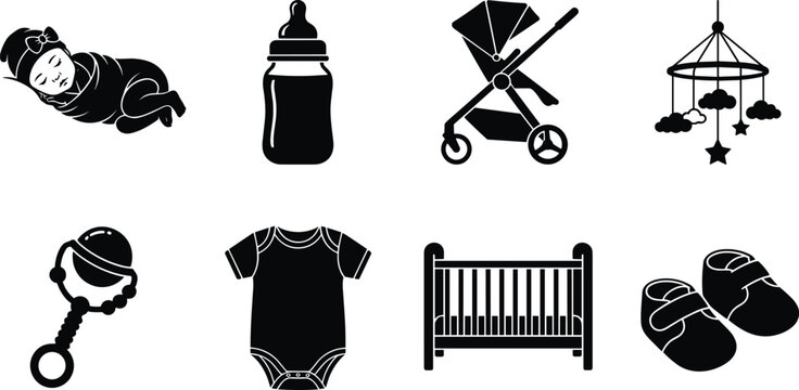 Set of essential baby care icons featuring newborn accessories, clothing, and nursery furniture silhouettes.