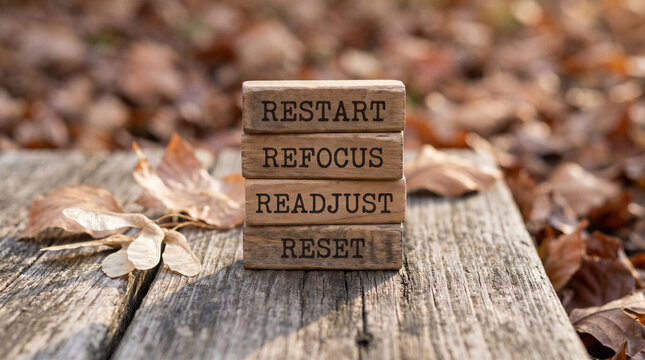 Wooden blocks with restart, refocus, readjust and reset text on rustic autumn table for lifestyle mindset.