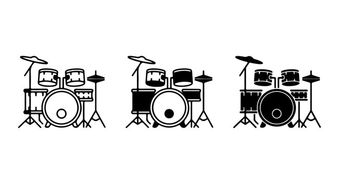 Drum Kit Vector Icons, Black and White Percussion Set, Musical Instrument Graphics, Rock Band Equipment