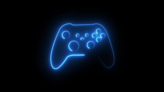 Glowing neon gamepad console controller isolated over a transparent background, gaming design elements, flat lay top view with subtle shadow.4k motion graphics video animation