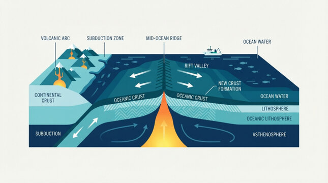 Educational cross section diagram illustrating the geological process of seafloor spreading and tectonic plate subduction in the deep ocean basin