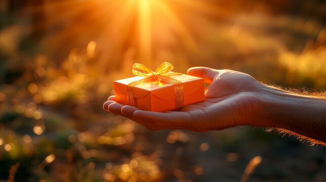 Gift hand sunset orange ribbon present outdoor sunlight giving nature celebration surprise box wrapping gesture warm golden friendship kindness happiness festive cheerful generosity closeup human