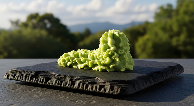 A dollop of green wasabi paste piped onto a dark textured slate board outdoors