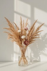Fototapeta premium Dried Flowers in a Glass Vase Create a Simple Display on a Table With Sunlight Streaming In