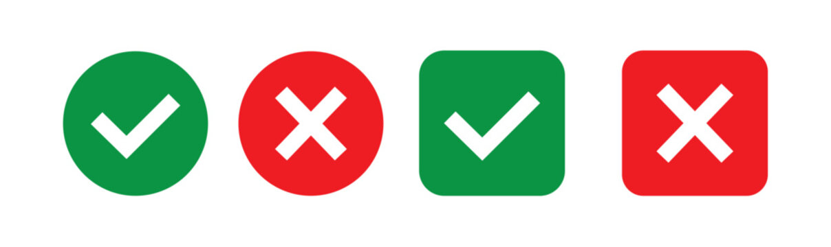 Green check mark and red cross icon set vector, approved and rejected symbols in circle and square shapes isolated on transparent background