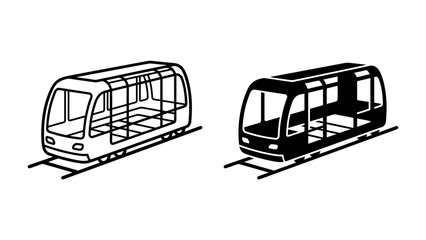 Monorail Carriage Outline and Silhouette: Two stylized representations of a monorail passenger carriage, one presented as a line drawing and the other as a solid silhouette. © abidakhatun