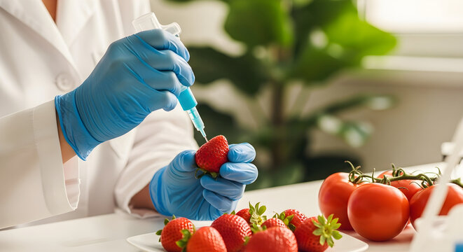 Scientist injecting a strawberry with a syringe in a laboratory setting