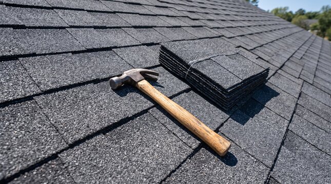 A steel claw hammer rests on top of newly installed grey asphalt shingles on a residential roof during a home renovation project
