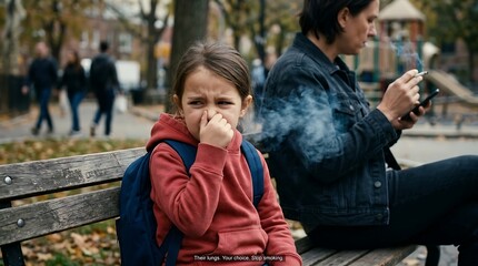 Fototapeta premium Young boy pinching nose due to secondhand smoke from adult smoking nearby.